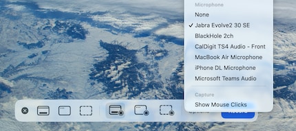 Das schwebende Menü der im Mac integrierten Bildschirmfoto-App.