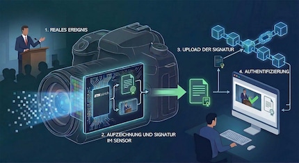Comment fonctionne la technologie : un événement réel (1) est enregistré par une caméra, dont la puce de détection génère à la fois les données d'image et une signature cryptographique (2). Une fois stockée dans un registre public (3), la signature permet de vérifier que l'enregistrement est authentique et n'a pas été modifié (4)