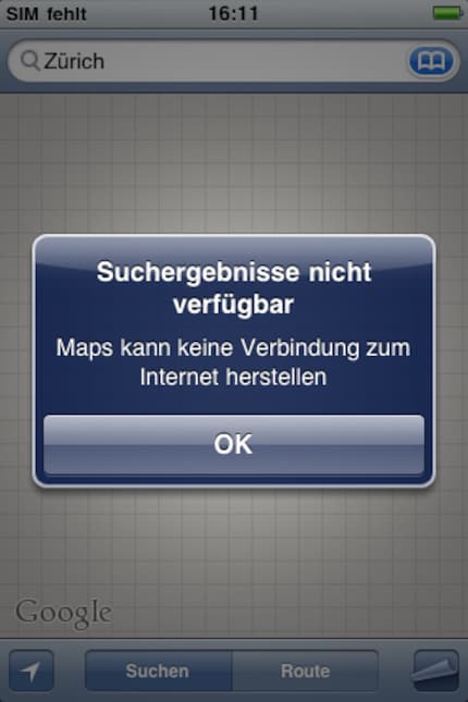 Zonder internet werkt zelfs de kaarten-app, die op deze iPhone nog niet van Apple is, niet.