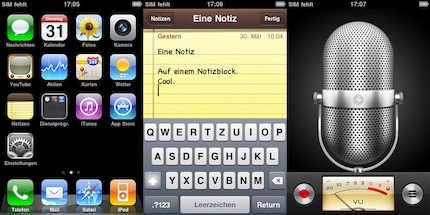Home scherm, notities app, spraakmemo's.
