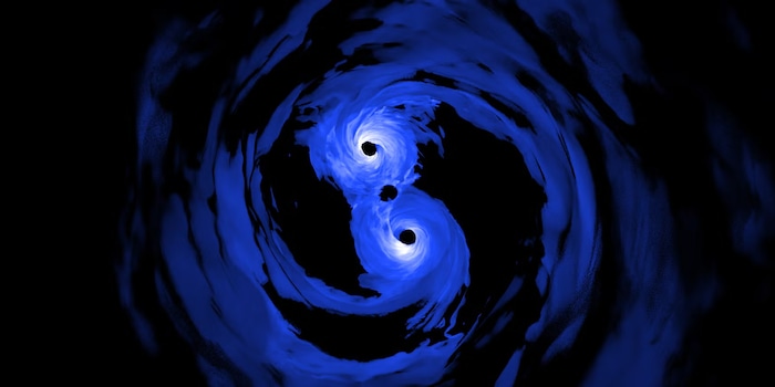 © NASA's Goddard Space Flight Center / Scott Noble; simulation data, d'Ascoli et al. 2018 / Simulation of the light emitted by a supermassive black hole binary system where the surrounding gas is optically thick (detail)