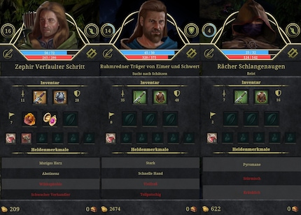 Jeder Held besitzt individuelle Eigenschaften, die sein Verhalten im Spiel beeinflussen.