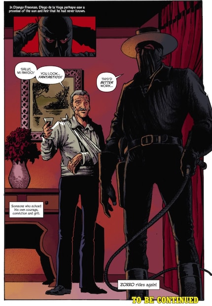 Django briefly slips into the mask and role of Zorro in the comic book - with Don Diego de la Vega as an amused observer.