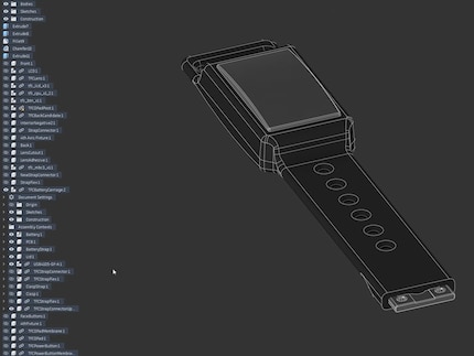 Das CAD-Modell zeigt Hackmanns ungewöhnliche Akkulösung: Der Energiespeicher sitzt nicht im Gehäuse, sondern im Armband.
