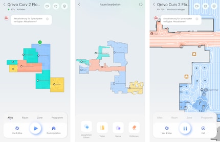 In der App lässt sich die Karte schematisch oder genau darstellen (links und Mitte). Zudem sehe ich genau, wo der Roboter durchgefahren ist.