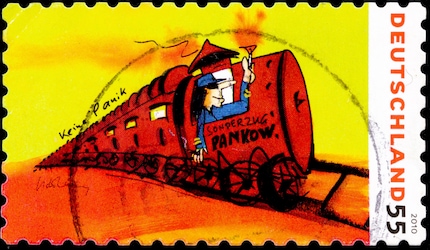 Sonderbriefmarke der Deutschen Post von 2010: Der «Sonderzug nach Pankow» mit Udo am Steuer – gemalt von Lindenberg selbst (auch das macht er noch ganz nebenbei und erstaunlich erfolgreich).