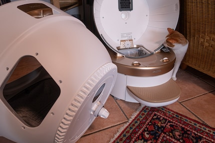 Bonnie überprüft den inneren Aufbau der Toilette. Noch ist der Abfallbehälter in der Basis leer.