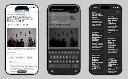 Siri ist entweder per Wischgeste von oben verfügbar (mittlere Illustration) oder in einer eigenen App (rechts). Wird sie per Sprachbefehl aktiviert, expandiert sie aus der Dynamic Island (links).