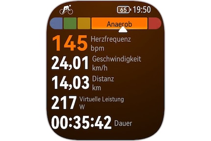 Der Info-Screen beim Radfahren inklusive Watt-Angabe für die virtuelle Leistung.