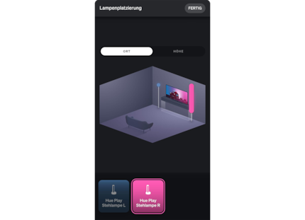 In den Einstellungen des Entertainment-Bereichs in der Hue-App platziere ich die Lampen-Symbole entsprechend ihrer tatsächlichen Position.