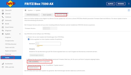 Hier lädst du FritzOS 8.40b (oder neuer) hoch und installierst es.