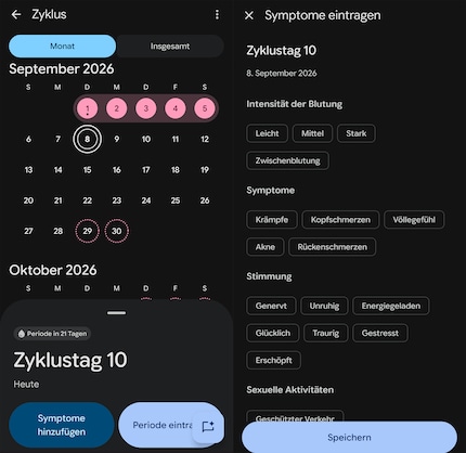 Beim Zyklus-Tracking mit Google kann ich auch Symptome eintragen.
