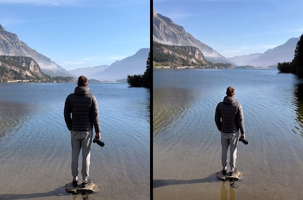 «Erweitern» und «Neu ausrichten» verwischen die Grenzen zwischen Fotografie und generativer KI. Hier verschiebe ich die Kameraposition nach oben und zoome raus (links das Originalbild, rechts das bearbeitete). Das Ergebnis ist überraschend gut.