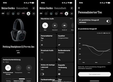 Die Startseite der Nothing-X-App – links und in der Mitte – sowie mein personalisierter Ton.