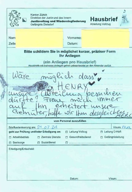 Met dergelijke briefjes vragen gedetineerde vrouwen om een bezoek van Henry.