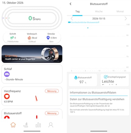 Die App wirkt wie billige Massenware und steckt voller Fehler: Links steht die Schrittzahl fälschlicherweise bei 0, rechts ist Text abgeschnitten.