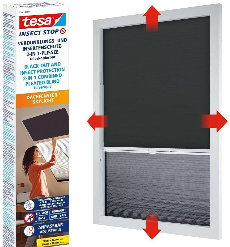 Insektenschutz 2-in-1-Plissee - Rollo und Fliegengitter für Dachfenster ohne Bohren