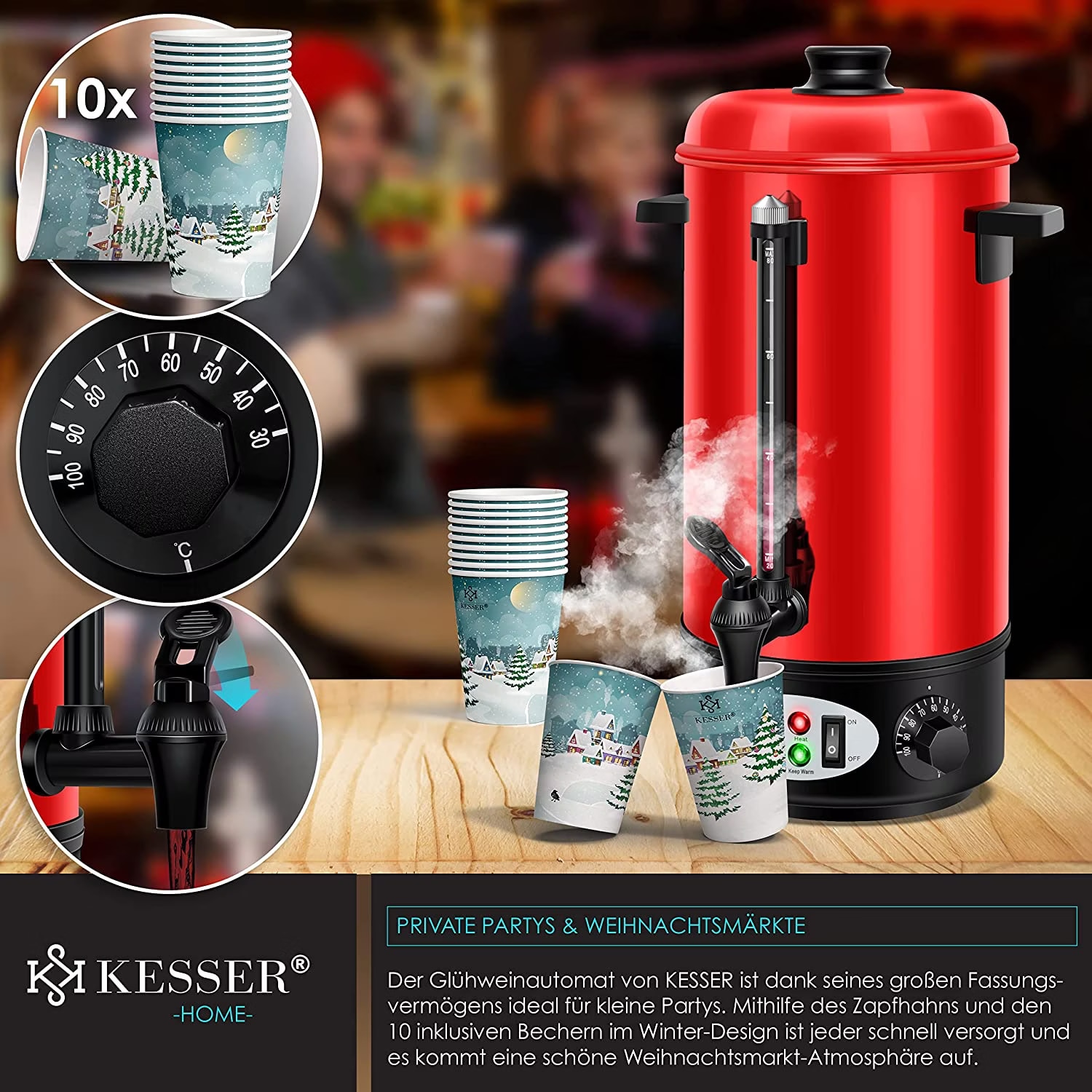 KESSER® Glühweinketel 8L roestvrij staal incl. 10x beker glühweinkoker KESSER® Glühweinketel 8L roestvrij staal incl. 10x beker glühweinkoker
